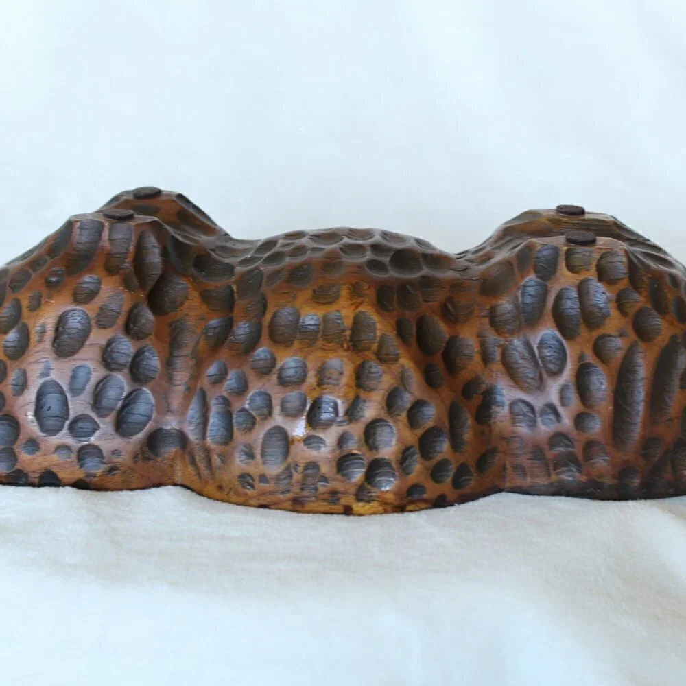 Vintage peanut shape fine wooden bowl carved animal print texture divided dish